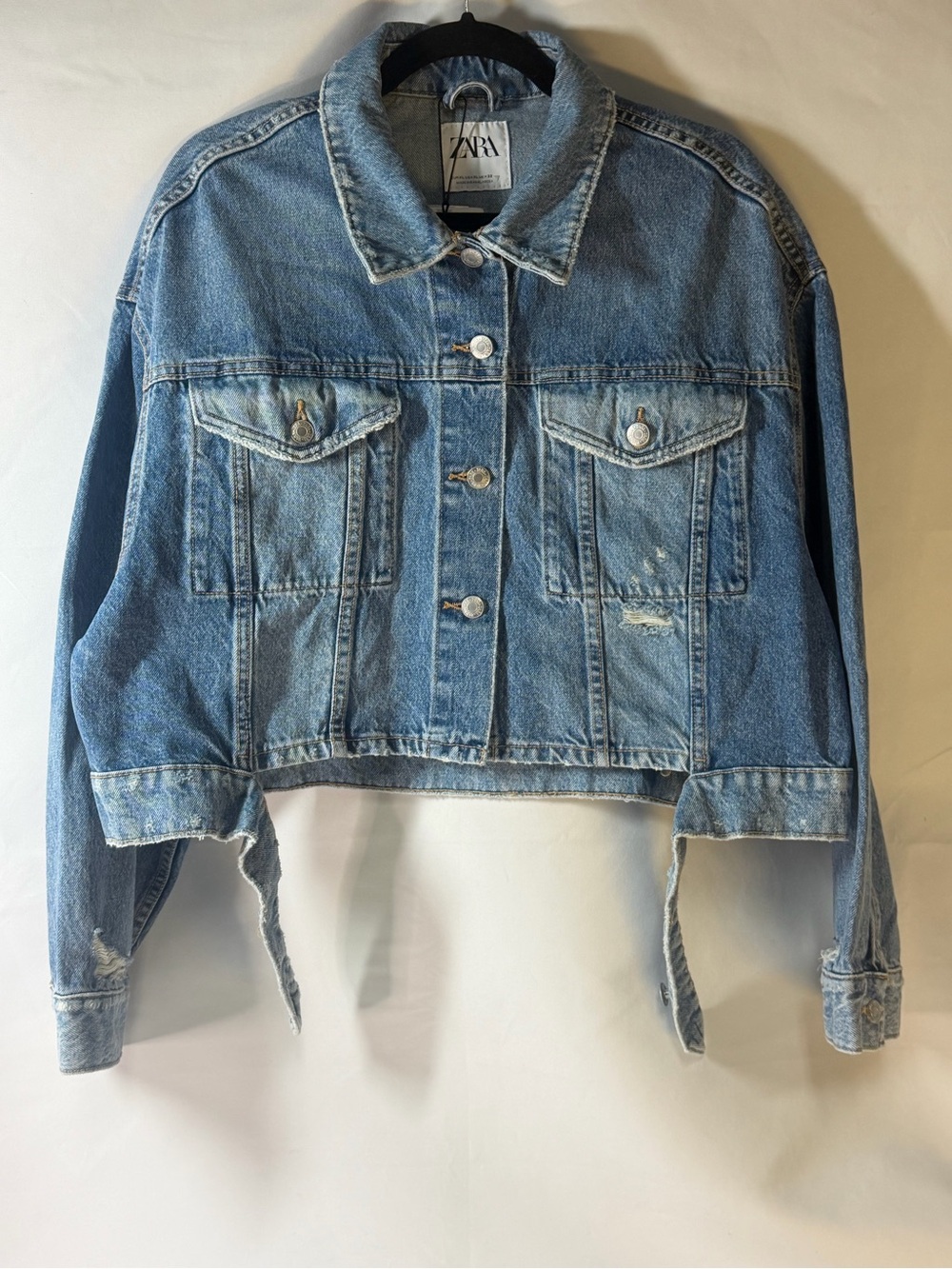 NWT Zara Cropped Straight Distressed Denim Jacket Blue XL